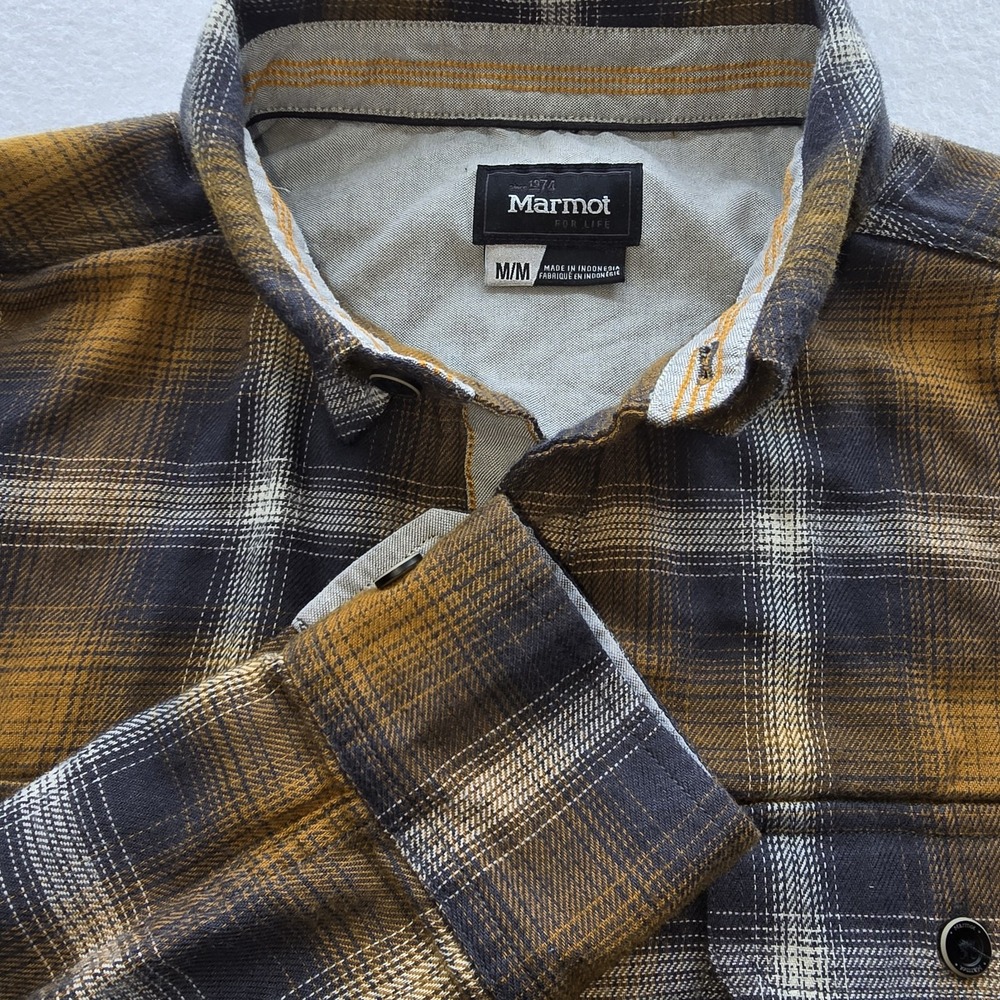 Marmot Men's M Plaid Flannel Button Up Shirt Yellow Gray Brown LS Outdoor Hiking